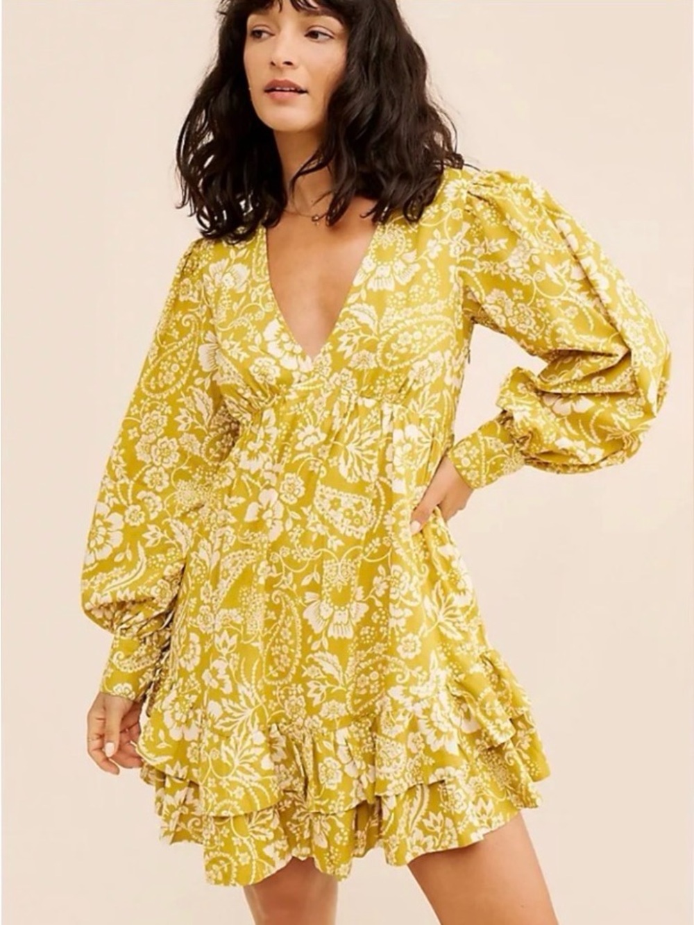 Anthropologie MAEVE Mustard Yellow / White Cotton Floral Dress sz XS